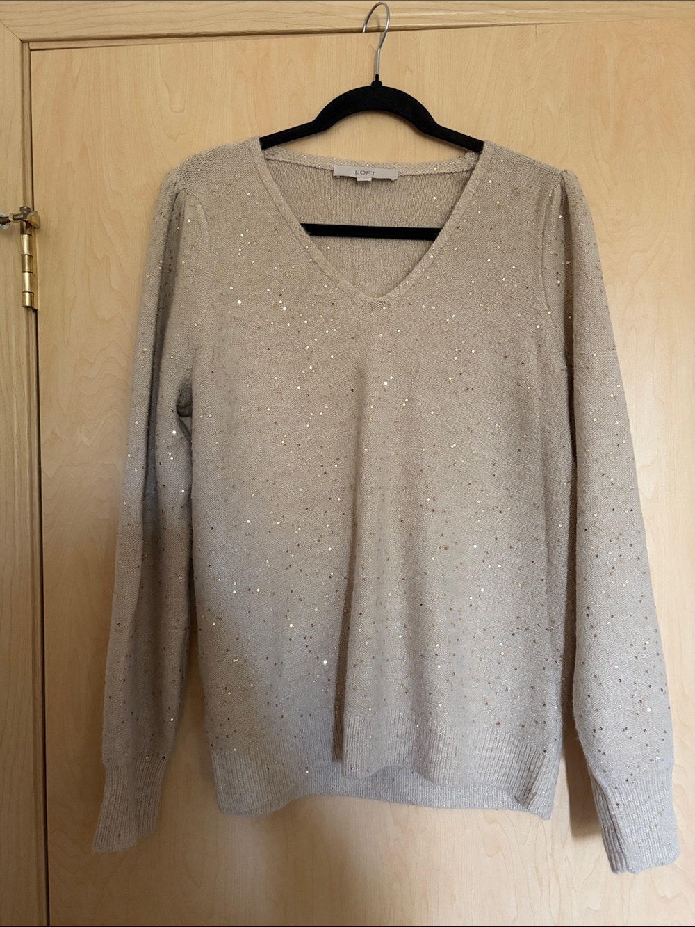 LOFT Cream Sequin V-Neck Pullover Sweater